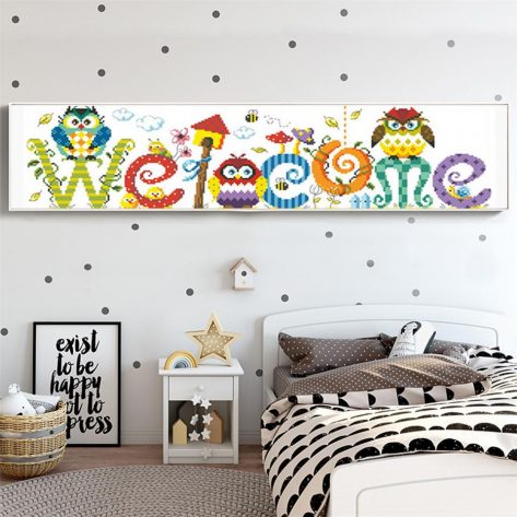 Birds Colorful Welcome Sign with Cute Owls Painting with Diamonds