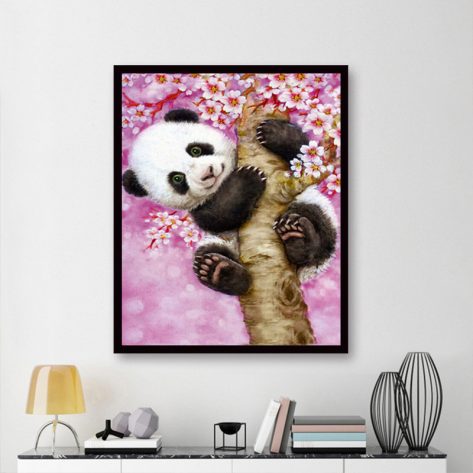 Animal Cute Panda Tree Climbing Pink And Flowers