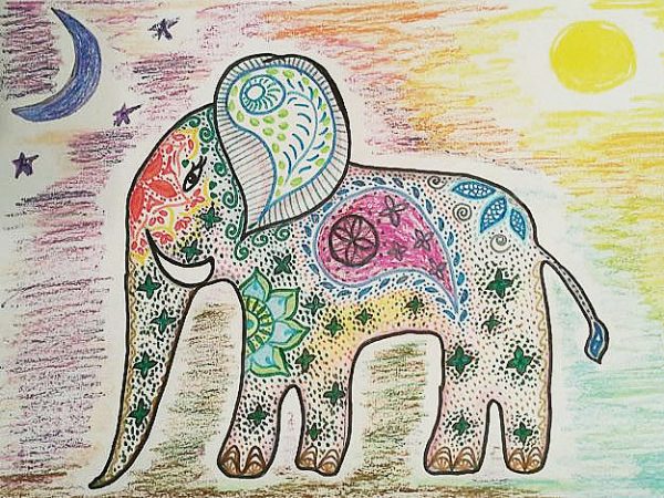 Stars Moon Sun Elephant Hand-painted Illustration