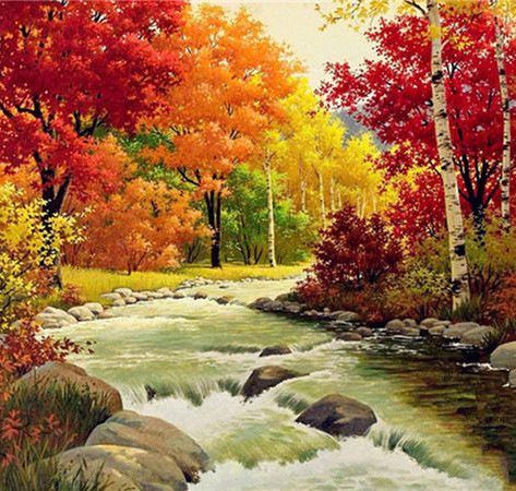 Poetic Autumn Maple Leaves Accompanied By The Beauty Of The Creek