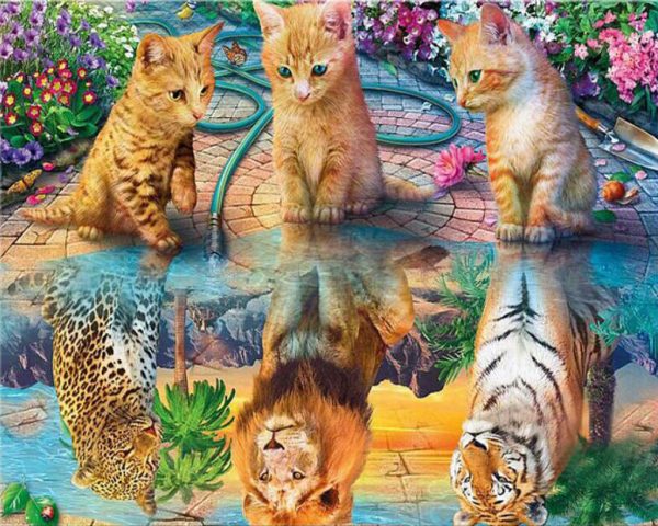 Three Kittens And Three Kings Of The Forest In The Water