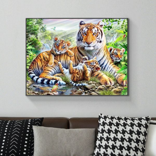 Mother Tiger And Little Tiger By The Stream